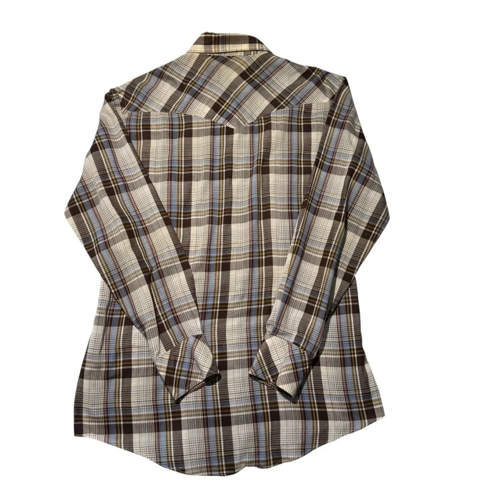 JC PENNEY MENS WESTERN SHIRT SIZE 15.5-34 PEARL SNAPS BROWN/ BLUE PLAID THIN